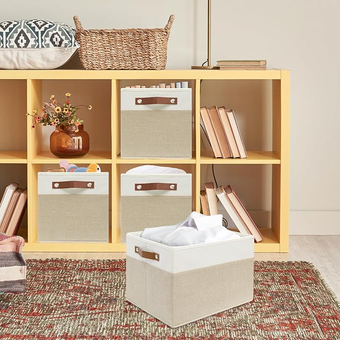 6 Pack Fabric Storage Baskets with Handles (White with Beige,15" L*10.2" W*9" H)