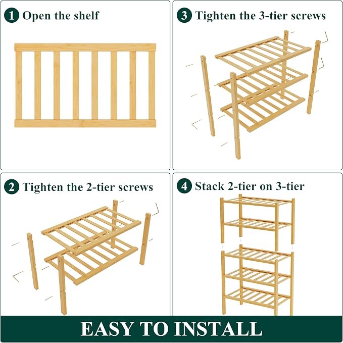Smiry Bamboo Shoe Rack for Closet, 5 Tier Small Wooden Shoe Organizer, Stackable Wood Shoe Storage Shelf for Entryway, 14 Vertical Slats, 2+3 Stack Heavy-Duty Legs, 17.32"x11.02"x31.3", Natural