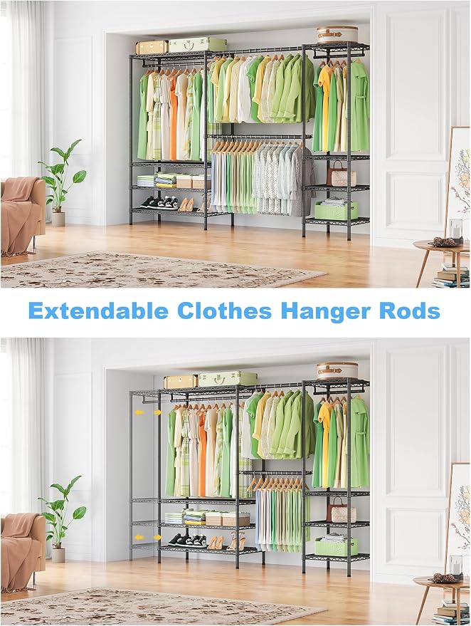 Ulif E11 Heavy-Duty Garment Rack, Metal Freestanding Clothes Rack and Closet Storage Organizer System with 8 Shelves and 4 Hanger Rods, (73.2-97.6)" W x 14.5" D x 71.2" H, Load 1034 LBS, Black