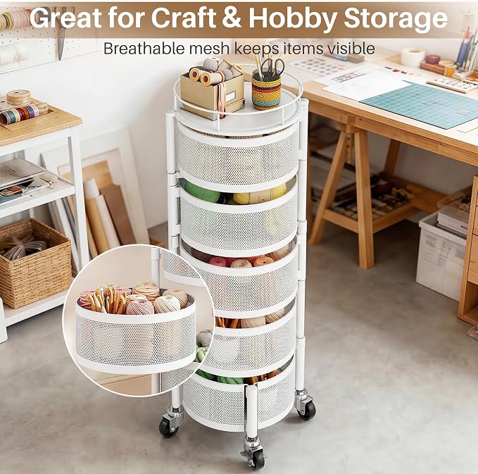 Rolling Drawer Storage Cart with 360° Rotating Open-Drawer Design, 5-Tier Metal Utility Cart with Round Storage Drawer for Kitchen, Bathroom, Laundry Room (White)