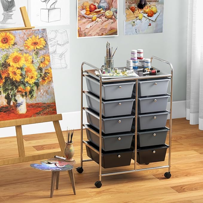 Moccha Rolling Storage Cart with 10 Drawers - Under Desk Cabinet on Wheels for Craft Art Supply Paper Salon, Scrapbook Paper Tools, Multipurpose Mobile Utility Cart for Classroom, Gradient Grey