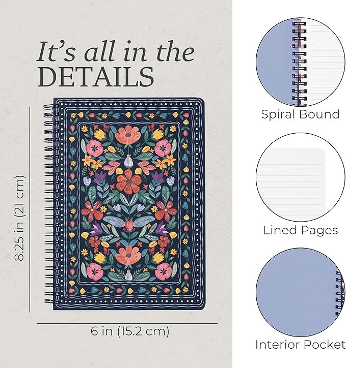 Steel Mill & Co Cute Mini Spiral Notebook, 8.25" x 6.25" Journal with Durable Hardcover and 160 Lined Pages (Folk Floral Multi)