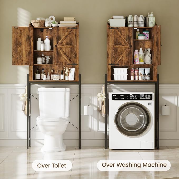 Memobarco Over The Toilet Storage Cabinet with Metal Stand, Rustic Brown | Toilet Paper Holder, 3 Extra Hooks, Anti-Tipping Device, With Adjustable Shelves, for Bathroom, Restroom, Laundry