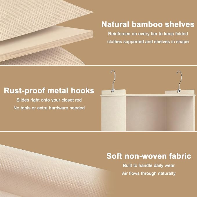 Foldable Hanging Closet Organizer, 4-Shelf Hanging Shelves with Side Pockets, Space Saving Storage for Clothes and Accessories