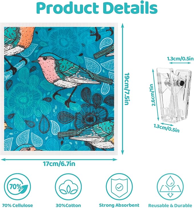 Needbrock 6 Pack Swedish Dishcloths for Kitchen, Swedish Rags Absorbent Retro Bird Dish Cloths Dish Towels with Adhesive Clips, Reusable Paper Towels No Odor for Countertop Dishes Kitchen