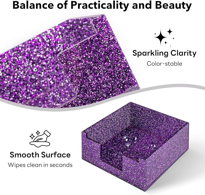 Acrylic Sticky Note Holder 4x4in Tray for Desk, Purple Glitter | Sparkling glitter acrylic tray, fits 3x3 sticky notes, compact organizer for office school and home