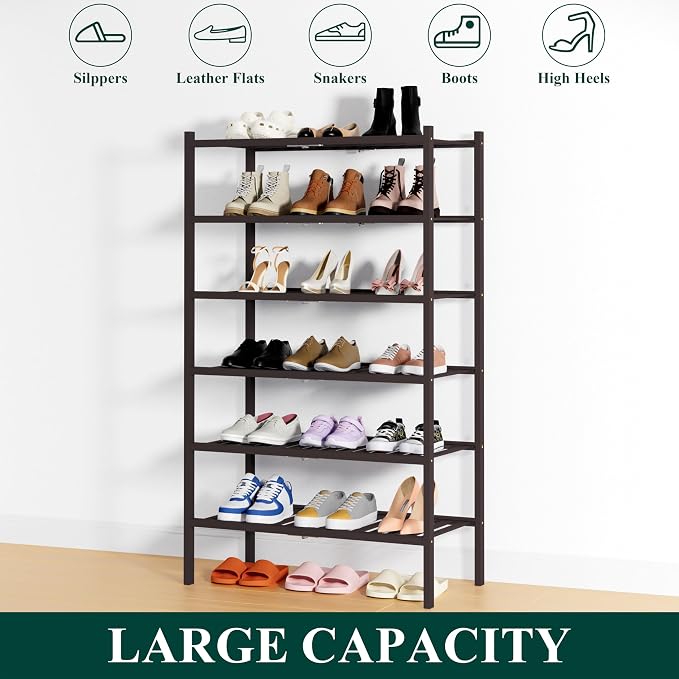 Smiry Bamboo Shoe Rack, 6 Tier Free Standing Wooden Shoe Organizer, Stackable Wood Shoe Storage Shelf for Closet, Entryway, 14 Vertical Slats, 2+2+2 Stack Heavy-Duty Legs, 26.8"x11"x39", Brown