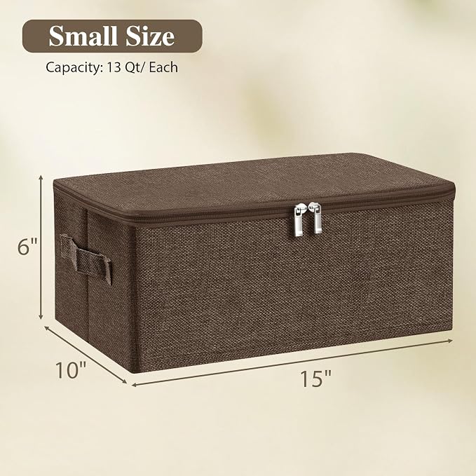 ANMINY 2PCS Storage Bins with Zipper Lids 13 Qt Lidded Fabric Storage Boxes Baskets Cubes with Handles Collapsible Washable Cotton Linen Closet Shelf Clothes Organizer Containers - Coffee, Small