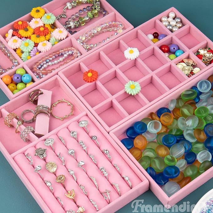 Framendino, 4 Pack Velvet Jewelry Organizer for Drawers Inserts Pink Stackable Earrings Bracelets Necklace Trays
