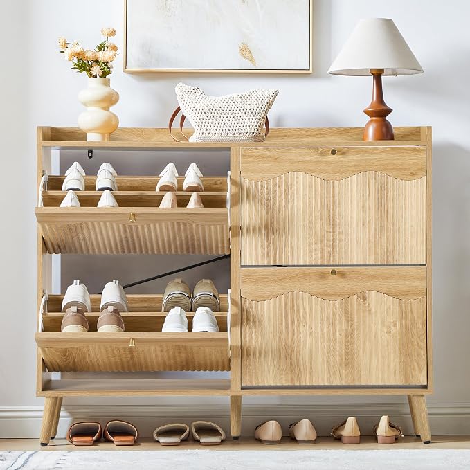 BERRYMERRY 47.2” Shoe Storage Cabinet for Entryway with 4 Flip Drawers, Narrow Shoe Organizer with Wave&Fluted Panel, Freestanding Wood Hidden Shoe Cabinet for Hallway