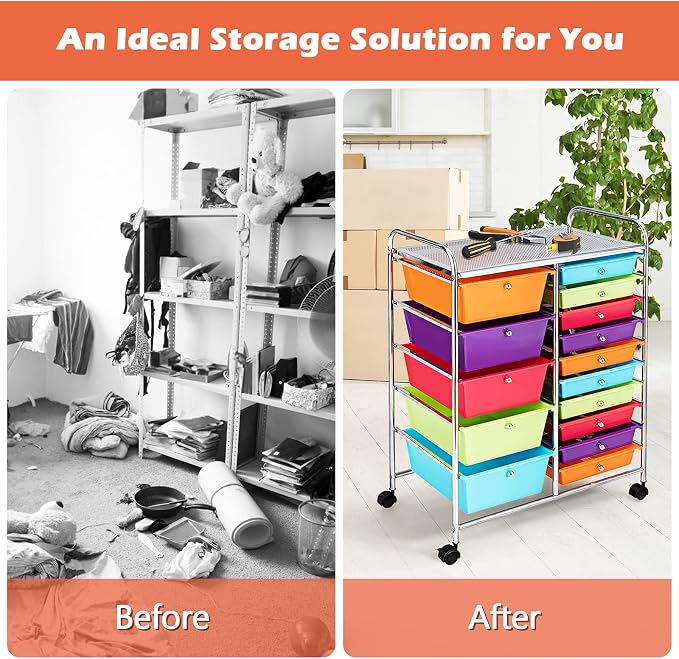 DREAMADE Rolling Cart with 15 Drawers, Rolling Drawer Organizer Cart w/Lockable Wheels, Removable & 2-Sized Storage Drawers, Art Cart for School Home Art Supplies Crafts File Scrapbook (Multi-color)