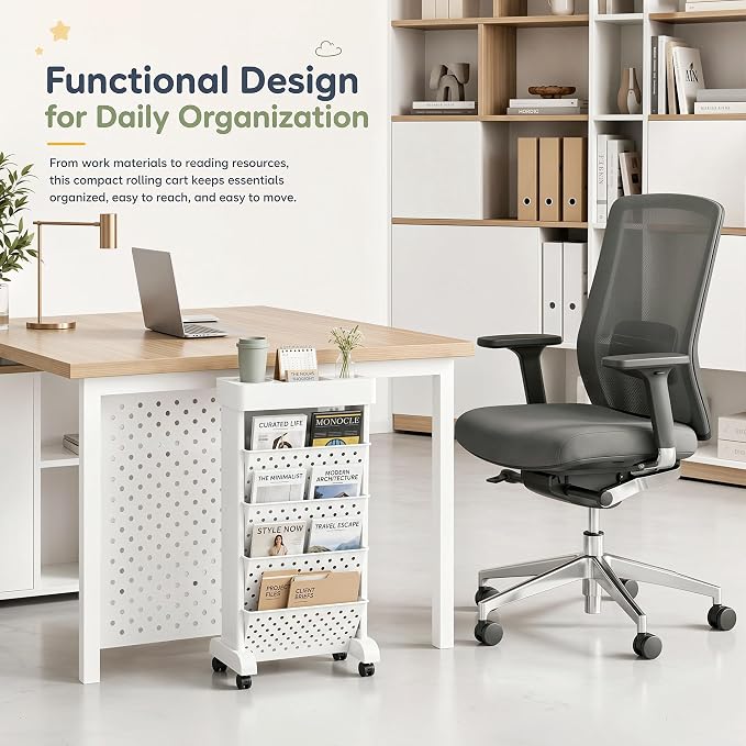 5-Tier Rolling Bookshelf Cart with Wheels, White | Slim Mobile Book Cart, Plastic Magazine Rack Rolling File Paper Organizer for Home Office Study Classroom Living Room