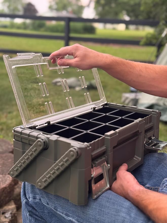 18" Cantilever Tool Box Organizer, Olive Green Heavy-Duty Tool Storage Box with 18 Removable Compartments, Metal Latches, Metal Carry Handle, Clear Lid & Two-Layer Full-Access Design