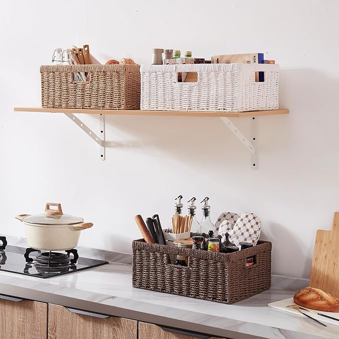 OIAHOMY Wicker Storage Basket, Rectangular Paper Rope Shelf Baskets with Built-in Handles, Woven Decorative Organizer for Pantry, Shelves, Living Room and Bathroom, 1-Pack White