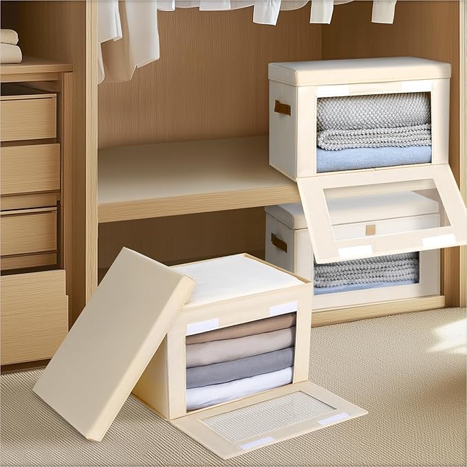 Homsorout Small Fabric Storage bins - Collapsible Storage Bins with Open Window, 5 Pack Closet Baskets for Shelves, Stackable Decorative Boxes for Home, Dorm, Beige, 13.7"x 9.8" x 9.8"