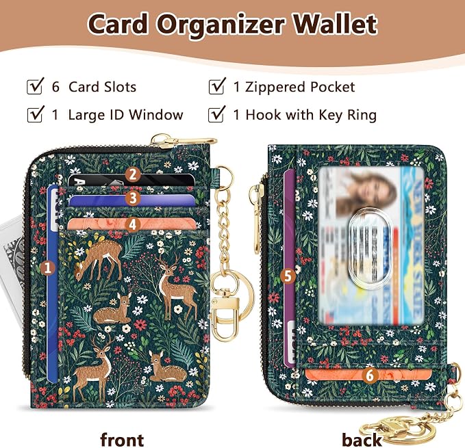 GIANCOMICS Slim Wallet Credit Card Holder Women, Cute Deer Rfid Blocking Small Card Case, Keychain Thin Pocket Curved Zipper Wallet, Travel Card Holder PU Leather ID Window, Ladies Female Gifts