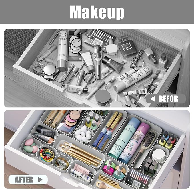 Drawer Organizers Bins 10 PCS for Bathroom Makeup Desk Office | with Non-slip Pads, 3 Sizes, Plastic Tray, Vanity Organizer, Kitchen Utensils Organizer