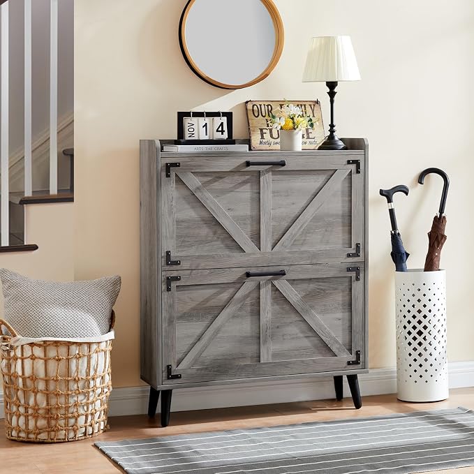 Barnyatoh Shoe Storage Cabinet with 2 Flip Drawers, Farmhouse Hidden Shoe Organizer, Narrow Slim Shoe Rack Cabinet for Entryway Hallway,Washed Gray