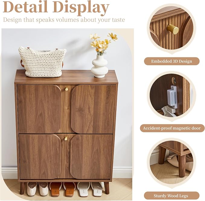 BERRYMERRY Shoe Cabinet with 2 Flip Drawers,Wood Hidden Shoes Storage Cabinet with Fluted Recessed Design, Freestanding Shoe Organizer Cabinet for Entryway, Hallway, Living Room
