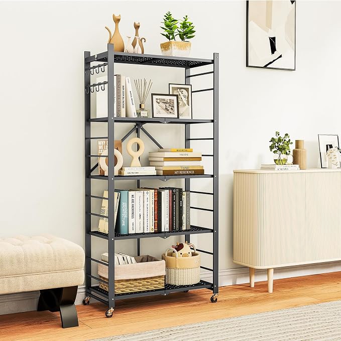 Fenbeli 5 Tier Folding Storage Shelf with Wheels – Heavy Duty Metal Organizer Rack, No Assembly Collapsible Utility Shelving Unit for Garage, Kitchen, Pantry, Basement, Office (Black-A, 5 Tier)