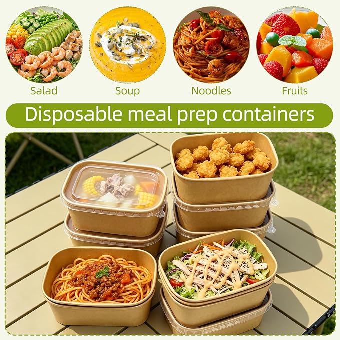 50 Pack Paper Meal Prep Containers with Lids, 35 oz Thicken Disposable and Compostable Take out Food Containers Rectangular to Go Paper Bowls for Leftovers, Salad, Soup, Snack