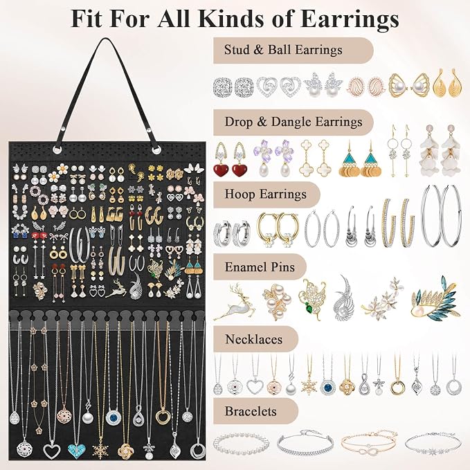 Caffox Hanging Jewelry Holder, Large Earrings Necklaces Organizer Storage for Earrings, Necklaces, Bracelets, Enamel Pins and Ankles, Jewelry Display Storage Hanger for Wall, Closet and Door