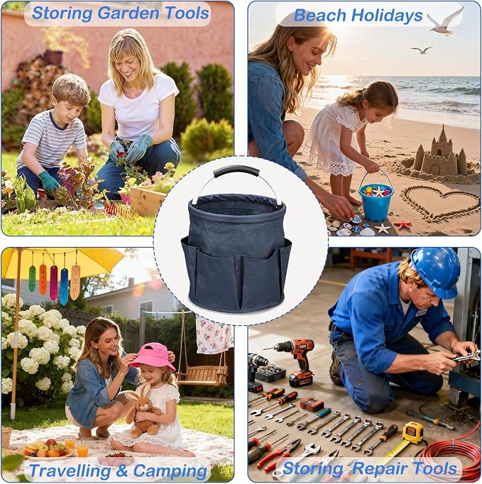 17L Foldable Cleaning Caddy with Handle, Cleaning Supplies Organizer Storage Basket with 6 Side Pockets, Portable Multi Cleaning Bucket Bag for Home Garden Bathroom Camping (Navy Blue)