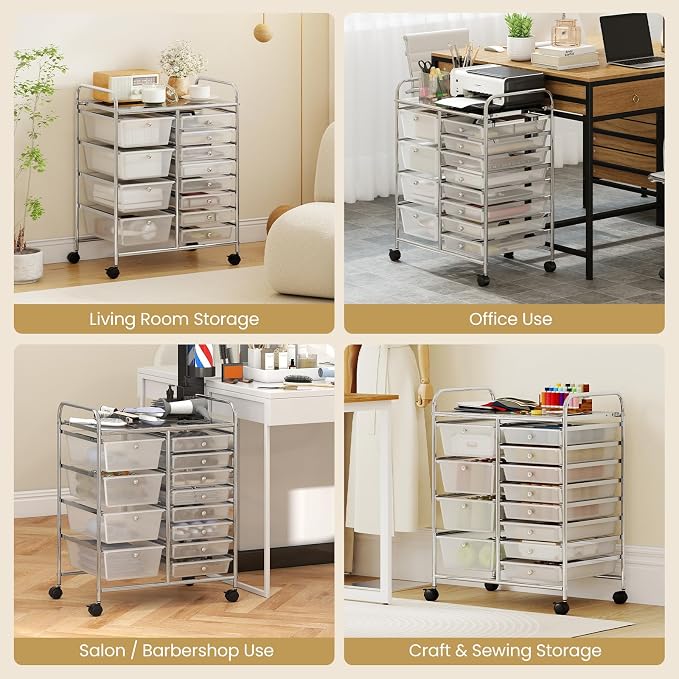 COSTWAY 12 Drawer Rolling Storage Cart, Utility Cart with Metal Frame | Mobile Art Supply Craft Organizer, Multipurpose Storage Organizer for Paper, Office, School Teacher, Classroom, Transparent