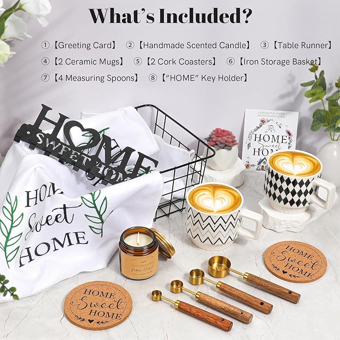 Housewarming Gift Basket for New Home | 13 Pcs Kitchen Essentials Set with Ceramic Mugs, Measuring Spoons, Storage Basket | New Home Gift Ideas | Closing Gifts for Couples & Families