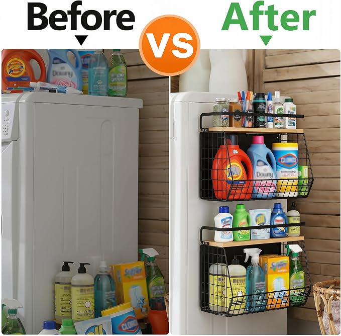 2 Pack Magnetic Spice Storage Rack Organizer for Refrigerator, Magnetic Shelf for Fridge with Wood Lid, Organizer for Kitchen & Laundry, Potato and Onion Storage Bins, Large Container, Strong Magnets