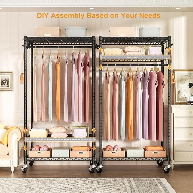 FUTASSI Rolling Clothes Rack, Clothing Racks for Hanging Clothes, Black | P6 Heavy Duty Garment Rack with Wheels, 3 Tier Freestanding Portable Closet Rack with Shelves, 35.5 In Wide, Max Load 380 LBS