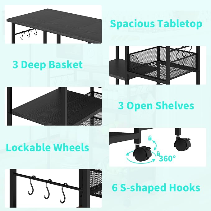 HapiRm Rolling Kitchen Carts with Storage - Microwave Table Stand with 6 Hooks & 3 Baskets, kitchen Island Cart on Lockable Wheels, 28.3" L × 14.6" W Bakers Rack Cart for Dining Room Coffee Bar Office