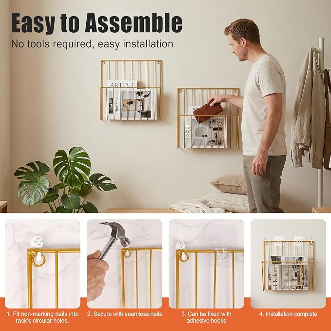 2-Pack Wall Magazine Rack, Magazine Holder Wall Mounted for Space-Saving, Walls Magazine Holder for Mail, Bathroom & Home Office Organizer, Office Living Room(Gold)