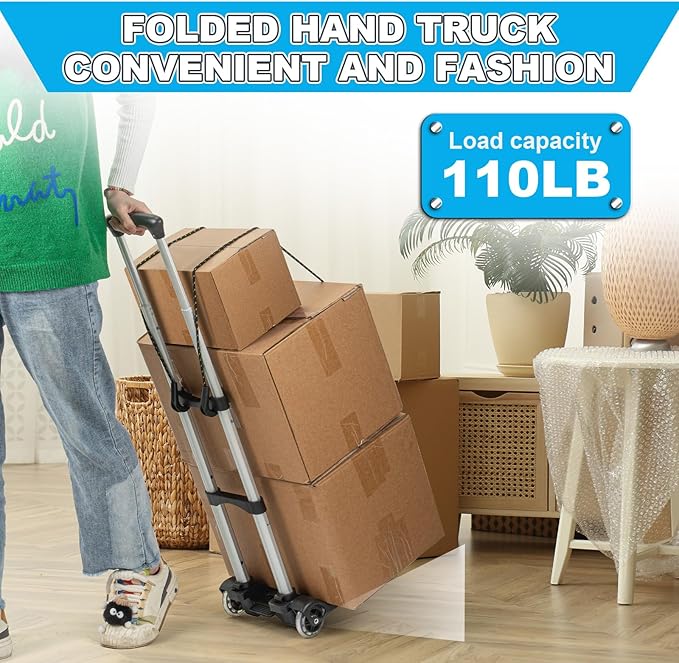 Vsaikeo Small Folding Hand Truck Dolly with 2 Wheels, Lightweight Aluminum Foldable Luggage Cart, Collapsible Cart Portable Dolly for Airport Travel Moving Use