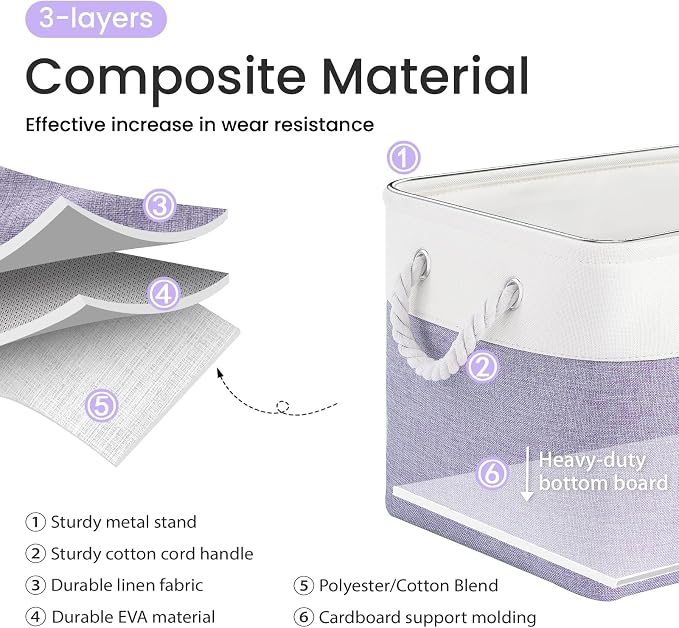 15x11x10 In Foldable Fabric Large Storage Bins with Handle 6 Pack | Organizer Baskets, Sturdy Metal Strand, Cardboard Support Molding, Storage Baskets for Shelves, Closet, Bedroom, White/Purple