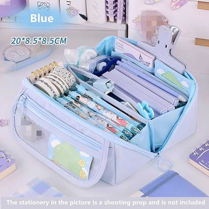 Pencil Case Pouch Box Cute Kawaii Large Capacity Aesthetic Zipper Pen Holder Organizer Bag for Kids (Z-Blue)
