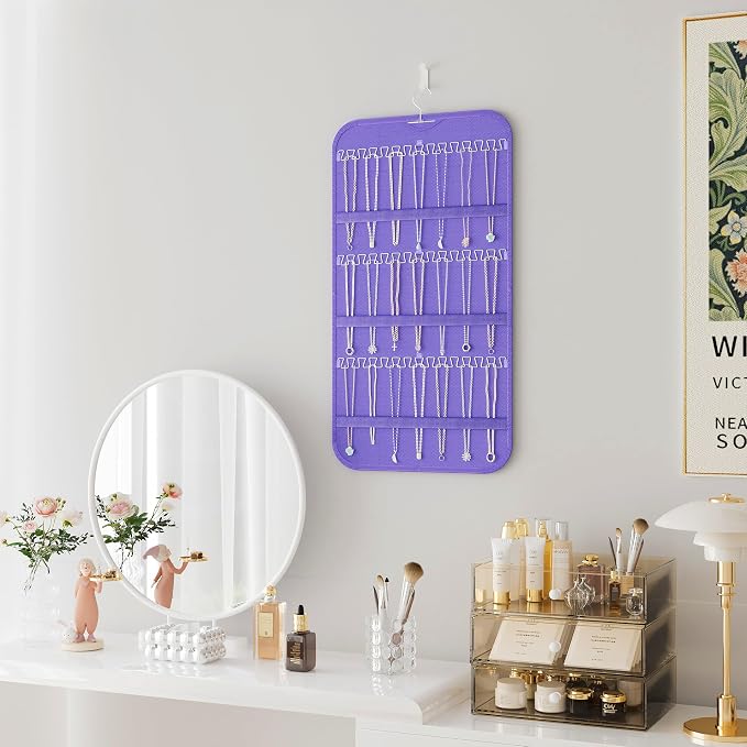 Double-Sided Hanging Jewelry Organizer for Necklaces Earrings 1-Pack Purple | Foldable 36 hooks & 40 clear pockets; swivel hook fits walls, doors & rods for earrings, bracelets, rings & small jewelry