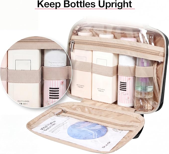 BAGSMART Toiletry Bag Hanging Travel Makeup Organizer with TSA Approved Transparent Cosmetic Bag Makeup Bag for Full Sized Toiletries（Cherry Red