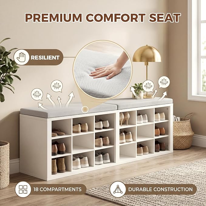 Shoe Rack Bench, Shoe Storage Bench with Cushion, Shoe Organizer 18 Cubbies for Entryway Hallway Bedroom Living Room, Holds Up to 400lbs