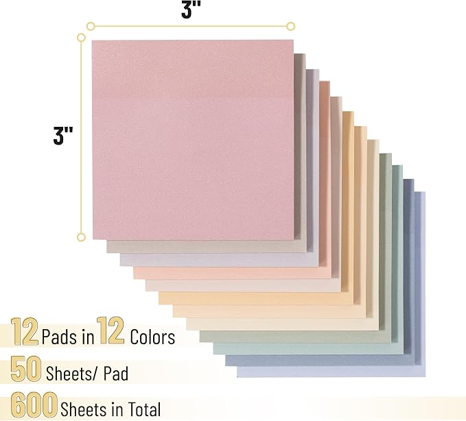 Mr. Pen- Sticky Notes, 3"x3", 12 Pads, 600 Sheets, Soft Vintage Colors | Sticky Notes Bulk, Self-Stick Note Pads, Perfect for Office, School, Home, Study & Organization