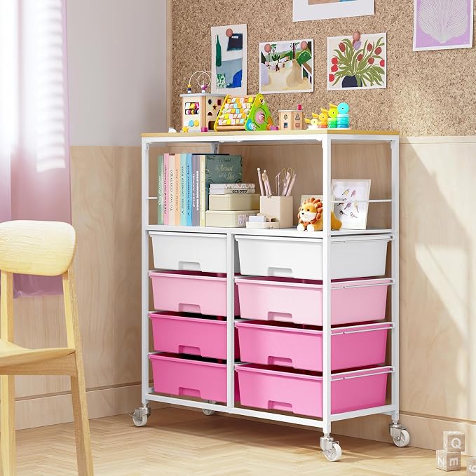 Rolling Cart with 8 Drawers,Storage Drawer Cart with Wooden Tabletop,Lockable Wheels Organizer for Homeschool, Arts & Crafts, Classroom, Office & Creative Spaces (Pink)