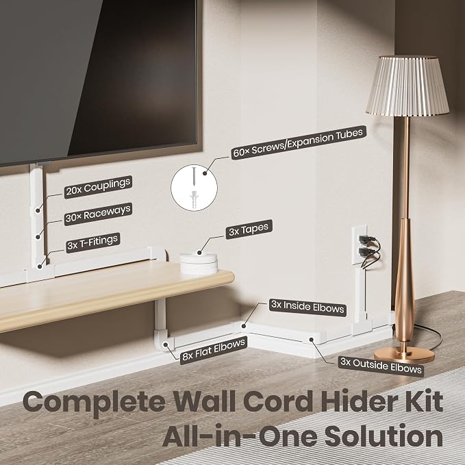 Delamu TV Cord Hider Wall, 472in Cable Hider, Large Cord Covers for 3-4 Wires on Wall, Paintable Cable Raceway to Hide Wires on Wall with 30 Raceways & 37 Accessories, 1.18in W x 0.67in H, White