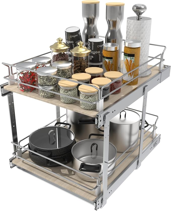 2 Tier Pull Out Cabinet Organizer 17.45" W X 22" D, Wood & Chromed | Full Slide Out Drawers For Kitchen Cabinets, Cabinets Capacity Heavy Duty Caddy, Cabinet Pullout Shelves , Pantry Storage