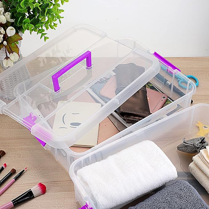 BTSKY 2 Layer Stack & Carry Box, Plastic Multipurpose Portable Storage Container Box Handled Organizer Storage Box for Organizing Stationery, Sewing, Art Craft, Jewelry and Beauty Supplies(Purple)
