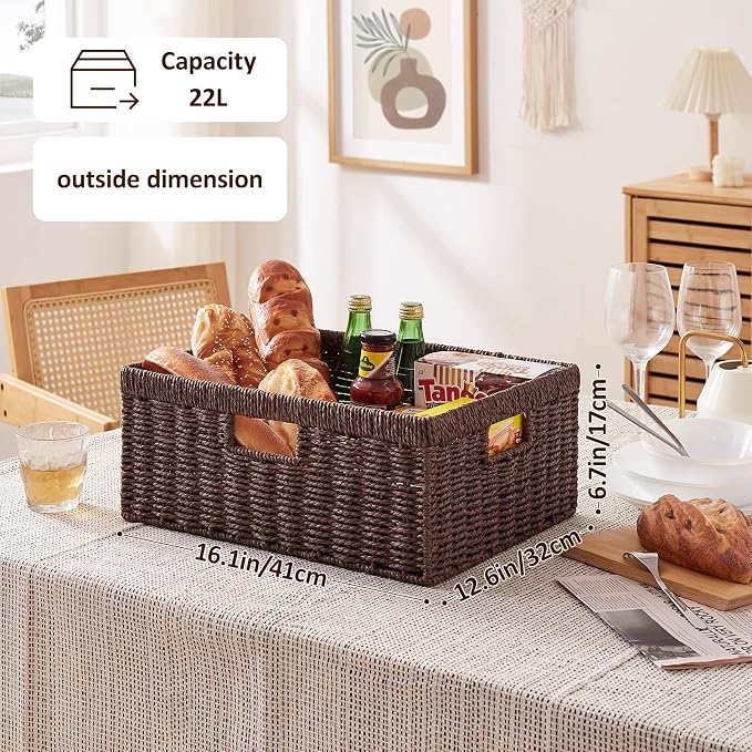OIAHOMY Wicker Storage Basket, Rectangular Paper Rope Shelf Baskets with Built-in Handles, Woven Decorative Organizer for Pantry, Shelves, Living Room and Bathroom, 1-Pack Brown