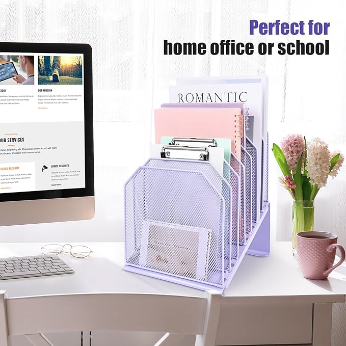SUMMORO Inclined File Organizer for Desk, 7-Tier Vertical File Folder Holder Office Desk Organizer Metal Rack File Wire Mesh Desktop Document Sorter for Office School Classroom Home (Purple)