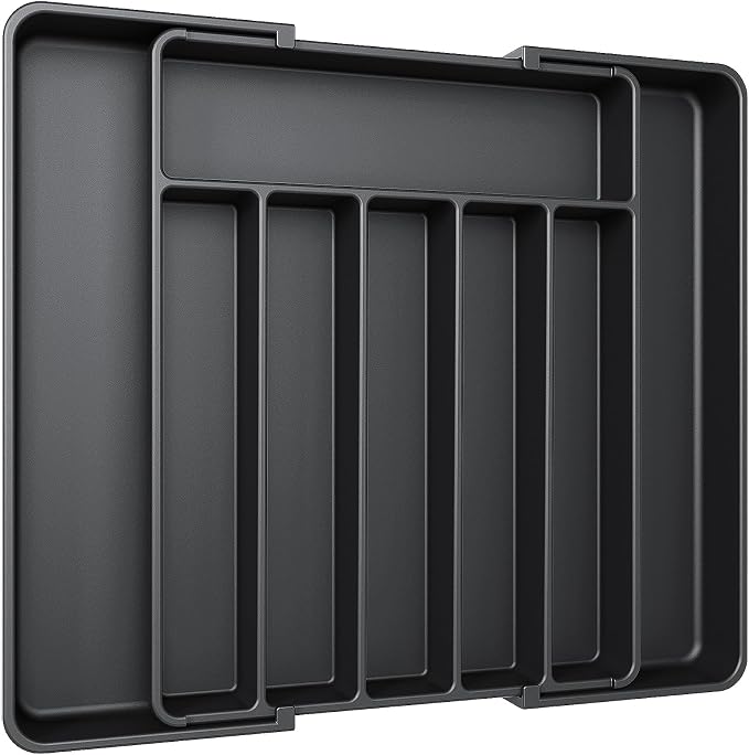 Aujen Silverware Organizer - Expandable Kitchen Drawer Organizer, Adjustable Utensil Organizer, Cutlery Tray for Forks, Knives, Multipurpose Kitchen Organizers and Storage Solution, Black, Large