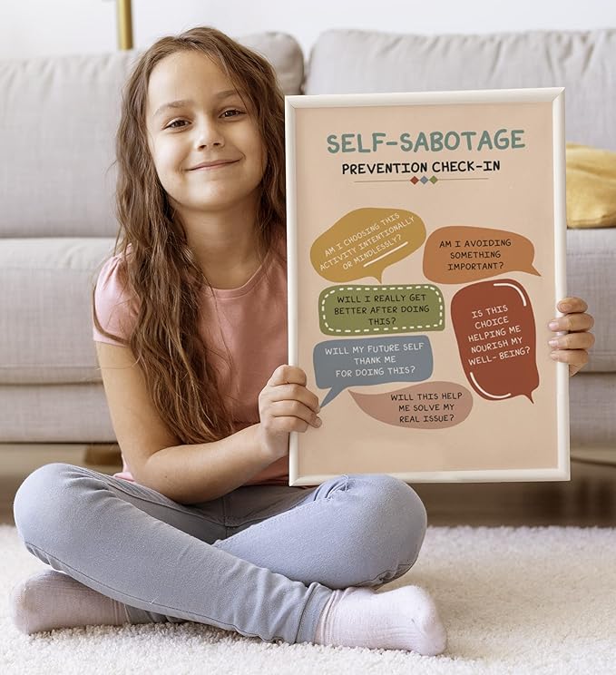 LOLUIS Mental Health Poster, Boho Therapy Tools Educational Supplies Art Print Classroom School Office Decor (Self-Sabotage Prevention Check-in, Custom Frame Type)