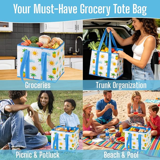 VENO 3 Pack Reusable Grocery Bags, Shopping Bags for groceries, Utility Tote with Handles and Hard Bottom, Foldable Shopping Cart Organizer, Heavy-Duty (Tropical Island, 6 Gallon-3 Pack)