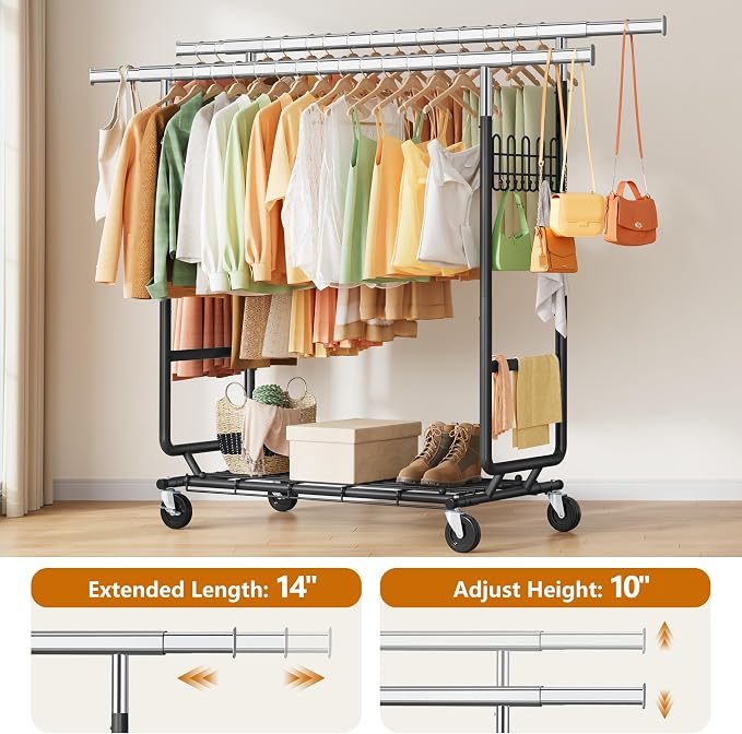 Gewudraw Clothes Rack Heavy Duty Load 900 Lbs With Wheels, Double Rod,Black | Rolling Clothing Rack, Adjustable Height, Extendable Rod, Portable, Collapsible, Shelf, Hooks,for Wardrobe,Bedroom,Commercial